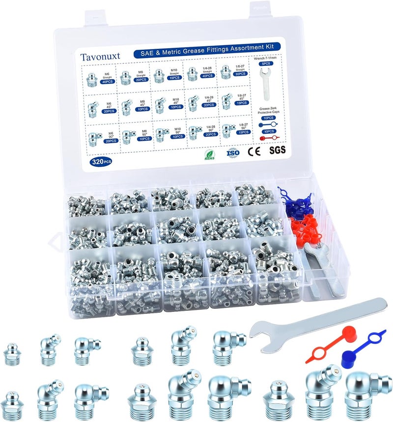 TAVONUXT 320 PCS SAE & Metric Grease Fittings Kit - Hydraulic Zerk Assortment 1/4" 1/8" M6 M8 M10 with Straight, 45°, and 90° Degree Heads for Automotive and Industrial Use, Galvanized Steel Set - Image 1